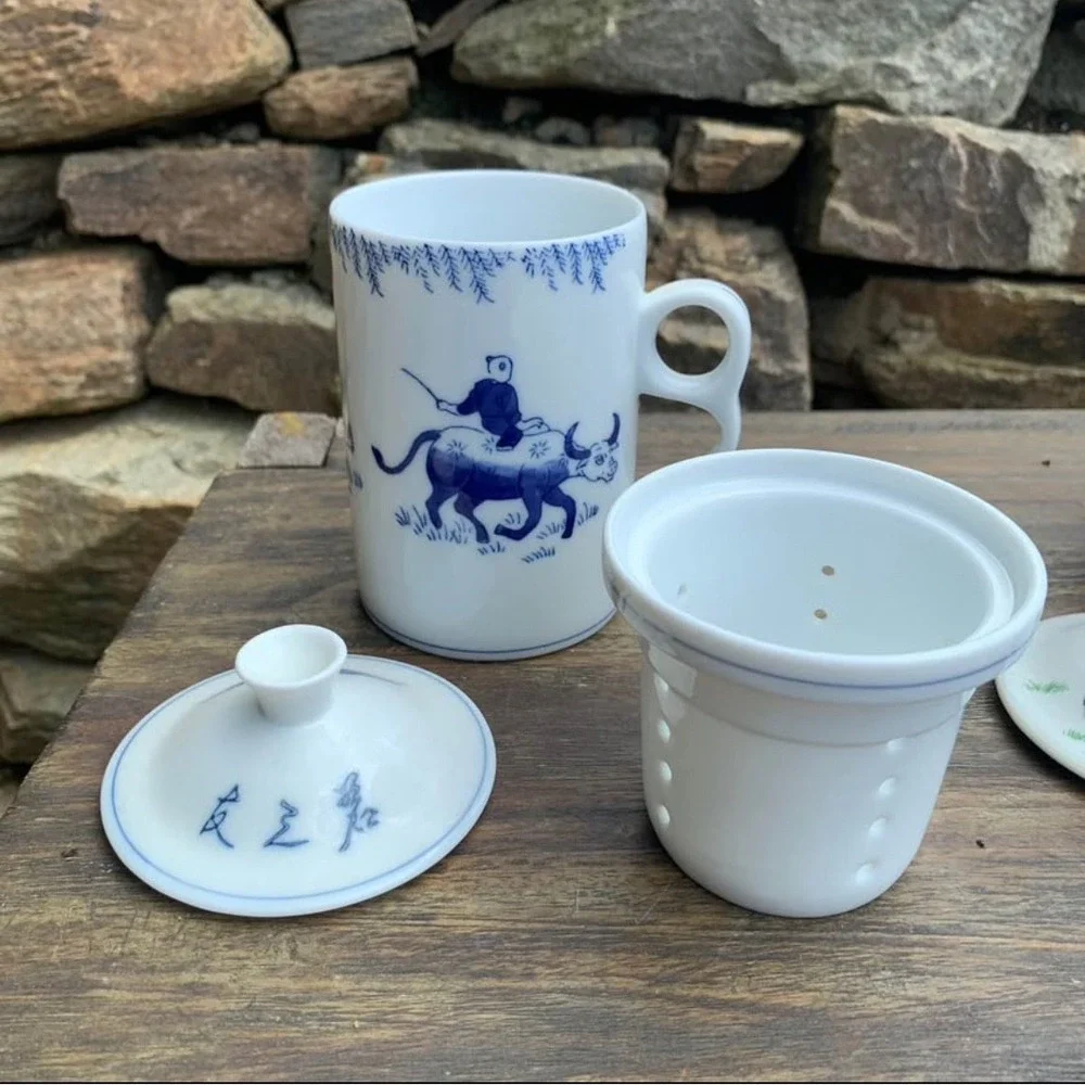 Chinese Porcelain Tea Mugs with Infuser Strainer Lids Panda Water Buffalo Set 2